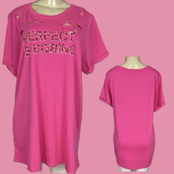 Torrid +6 Pink Crew Neck Distressed Camo Text Perfect Is Boring Short Sleeve Tee - Picture 1 of 6